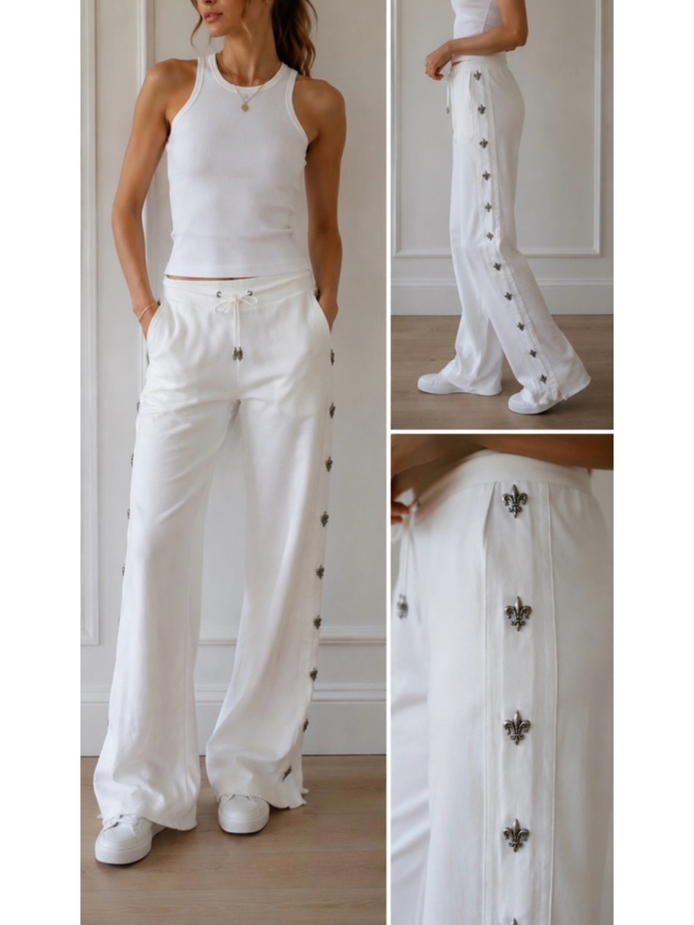 White Wide-Leg Fleur-de-lis embellished lounge pants - Picture 6 of 6